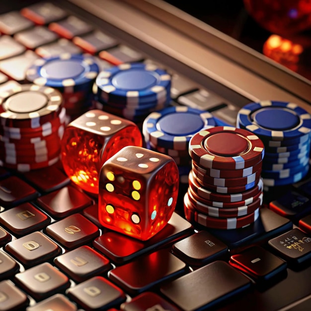 Photo online casino setup with poker chips dice and keyboard representing gambling and digital games