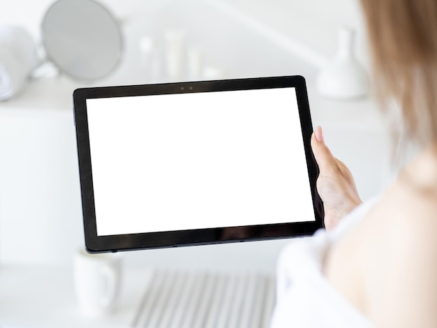 Online connection mobile mockup digital life unrecognizable woman holding tablet computer with blank