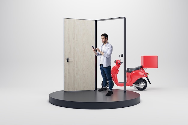 Online delivery to door concept Casual guy with mobile phone standing next to open door and scooter on white background Fast food service concept