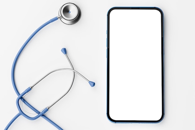 Online doctor app health phone mockup get an online consultation from doctor by mobile phone stethoscope and cell phone on white background copy space doctor online consultation 3d rendering