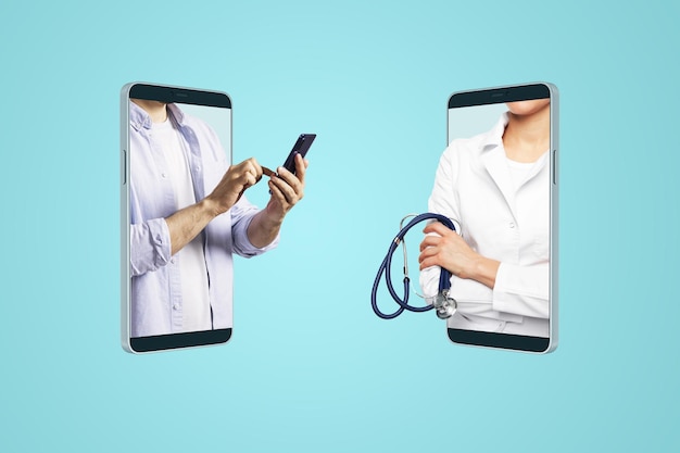 Online doctor online consultation and telemedicine concept with two smartphones facing each other with patient and doctor in medical gown and stethoscope on abstract light blue background