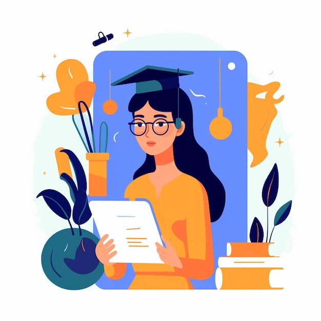 Online education concept vector illustration Cartoon design of student girl studying at home