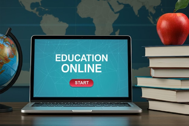 Photo online education concept with laptop globe and books for digital learning and global education