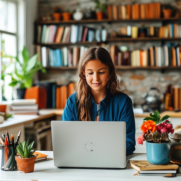 Photo online education concept with person using a laptop on a white table