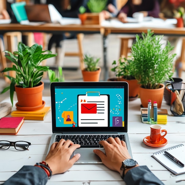 Online education concept with person using a laptop on a white table