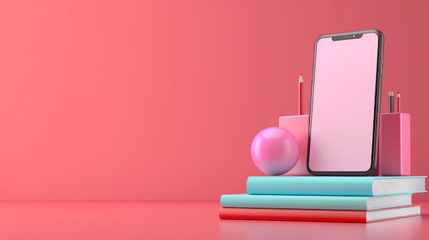 Photo online education learning concept with a smartphone on pink background