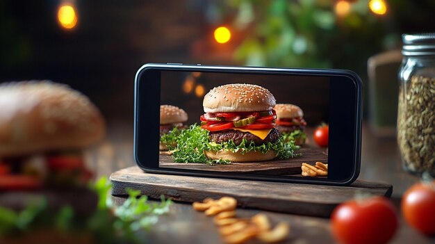 Online Food Delivery Concept with Juicy Hamburgers Displayed on a Smartphone Screen Fast and Convenient Service for Modern Urban Consumers