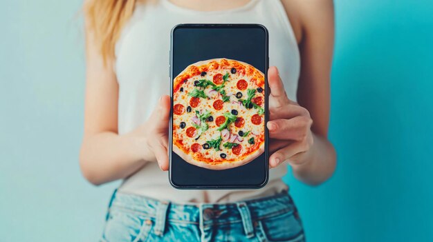 Photo online food ordering concept woman holding smartphone with pizza order