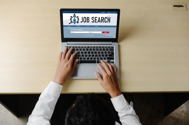 Photo online job search on modish website for worker to search for job opportunities on the recruitment internet network