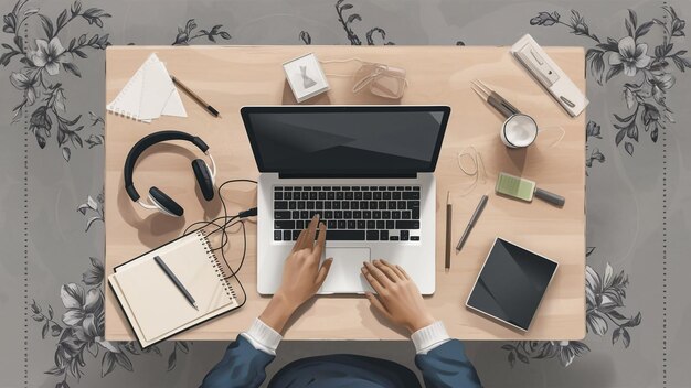 Online learning design concept Top view of student table with computer headphone and stationery