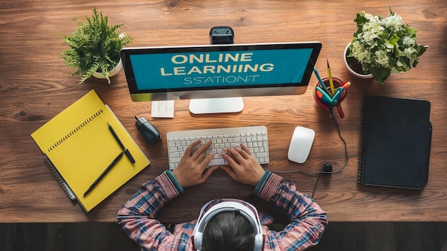 Online learning design concept Top view of student table with computer headphone and stationery