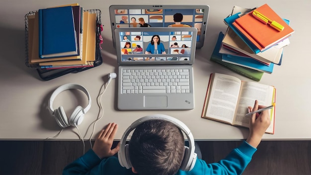 Photo online learning design concept top view of student table with computer headphone and stationery