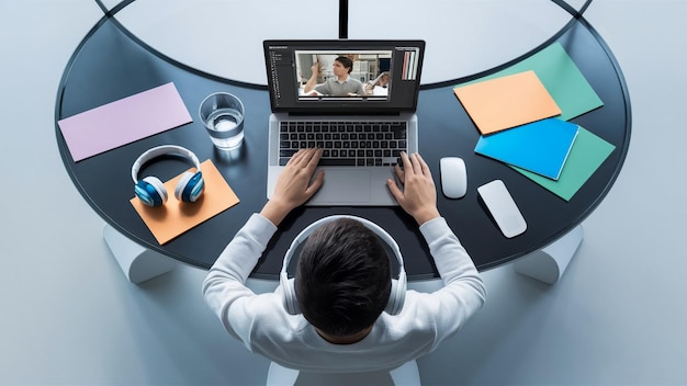 Online learning design concept Top view of student table with computer headphone and stationery