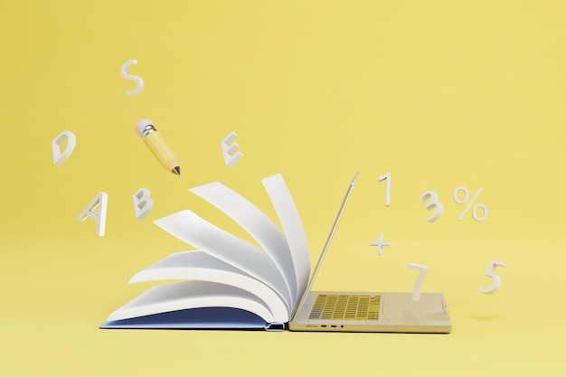 Online learning an open book with a laptop around which letters and numbers fly on a yellow background 3D render