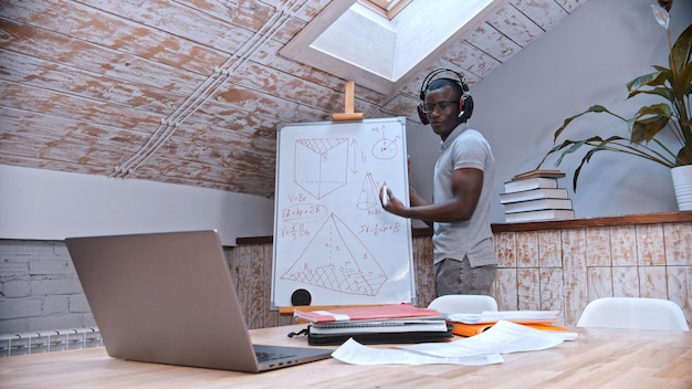 An online maths lesson an africanamerican man teacher standing by the board