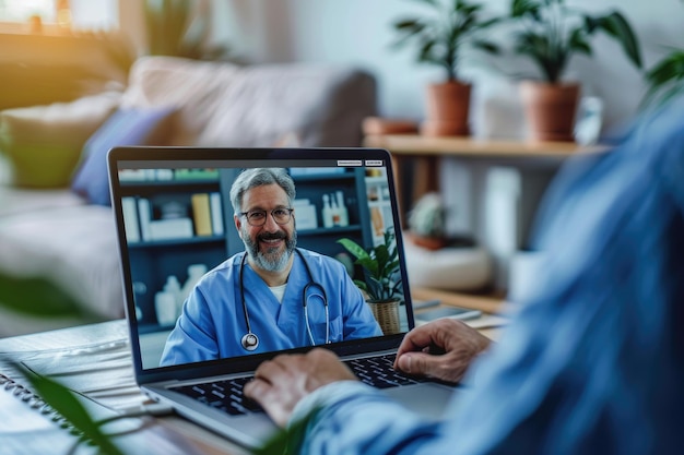 Photo online medical consultation with doctor via video call on laptop