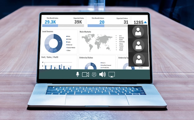 Online meeting presentation on display laptop in meeting room