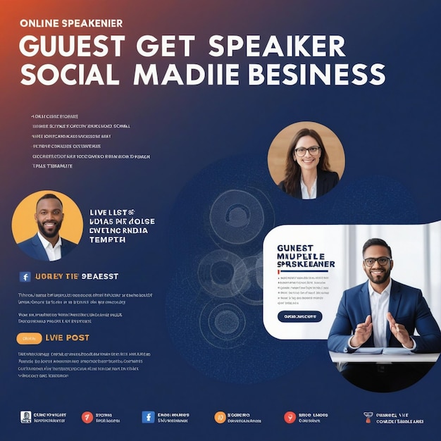 Photo online multiple guest speaker business live conference social media post template