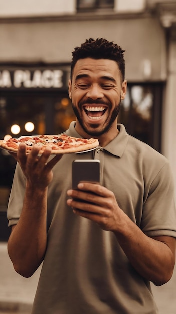 Photo online order joyful black delivery guy with pizza peeking out of smartphone