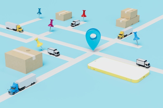 Online order of parcel delivery smartphone parcels and trucks on the map with designated GPS points