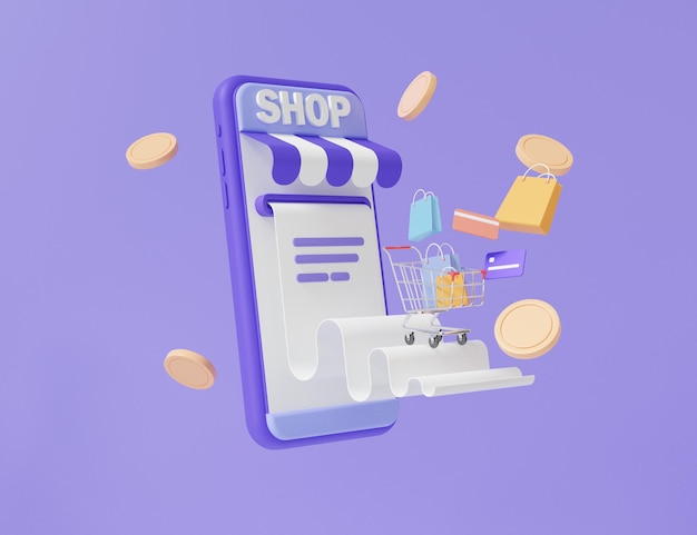 Online payments coin floating with mobile phone transfer exchange shopping cart online concept pay money via app Internet banking on purple background cartoon minimal 3d render illustration