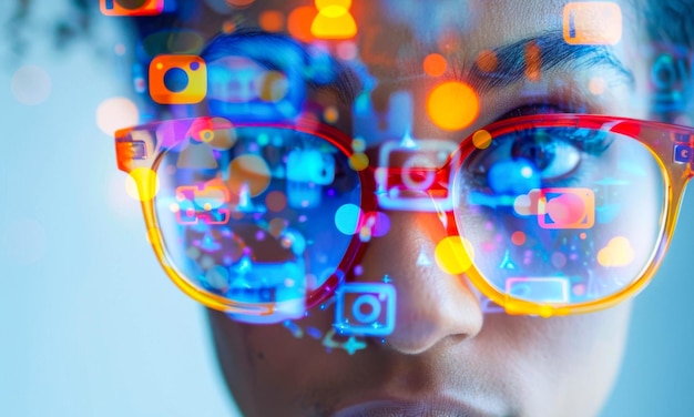 Online presence shown through social media reflections on glasses