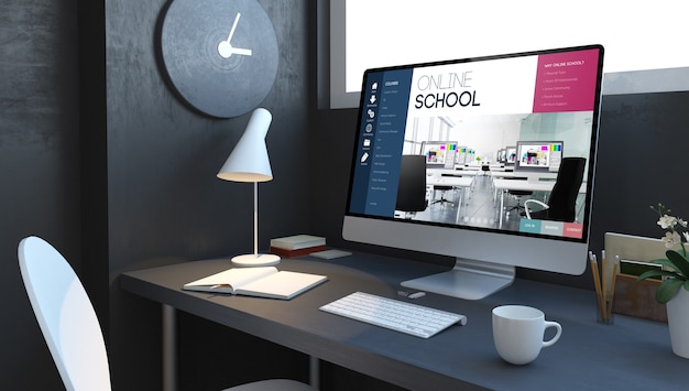 Online school at computer  desktop in navy blue 3d rendering