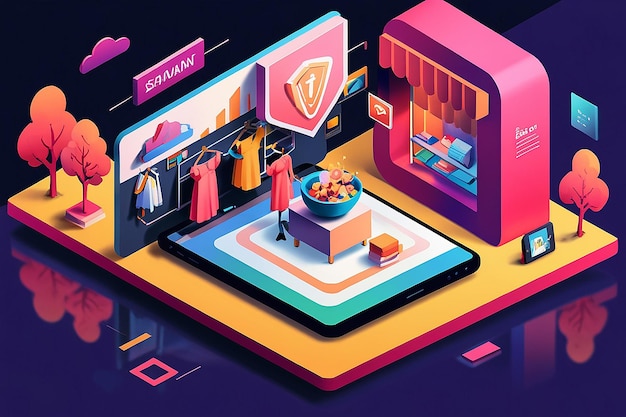 Photo online shop concept mobile store sales with shopping bag promotion isometric background