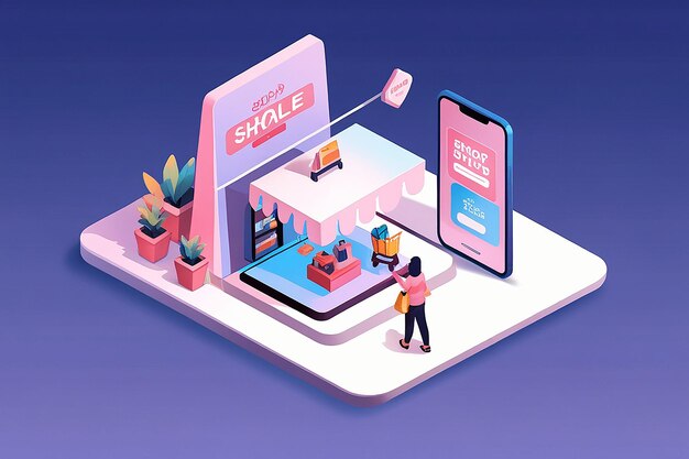 Online Shop Concept Mobile Store Sales with Shopping Bag Promotion Isometric Background