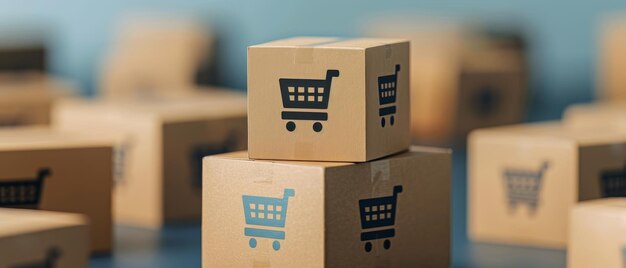 online shopping cart icon on cardboard boxes for ecommerce retail shipping delivery and package concept