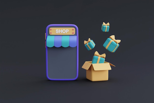 Online shopping concept on 3d smartphone with gift boxes .Digital marketing.3d render illustration.