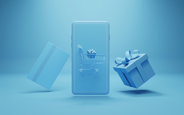 Online shopping concept  in blue tone, 3d illustration.