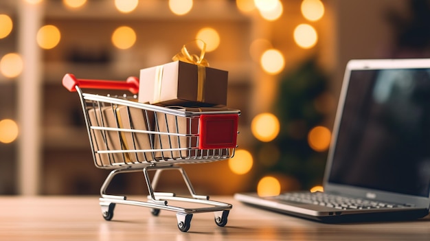 The online shopping concept comes to life as a brown paper box sits securely in a trolley ready for delivery