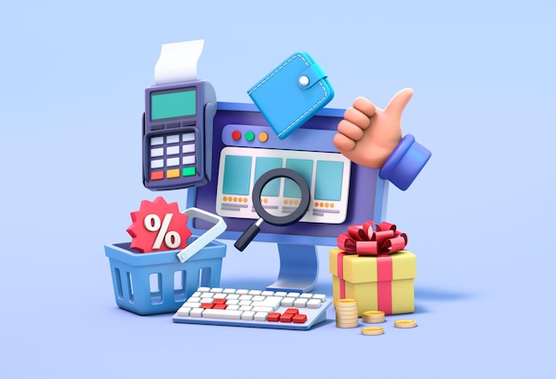 Online shopping concept Illustration of computer POS terminal wallet thumbs up gift shopping cart coins web search 3d rendering