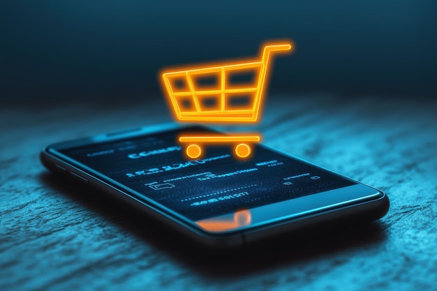 Online shopping concept showing a smartphone and a shopping cart symbol