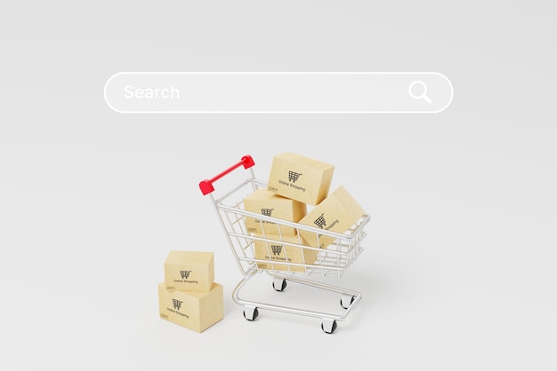 Online shopping concept Web or mobile application ecommerce Carton paper box in shopping cart on white background with search bar 3d rendering