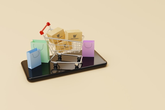 Online shopping concept Web or mobile application ecommerce Smartphone and carton paper box in shopping cart and shopping bag 3d rendering