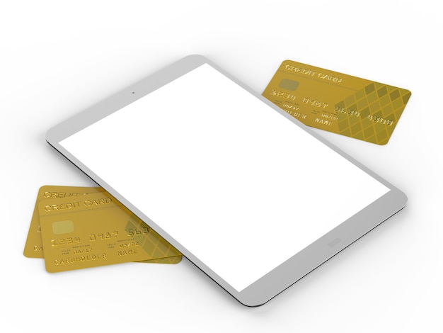 Online shopping concept with 3d rendering credit card on digital tablet