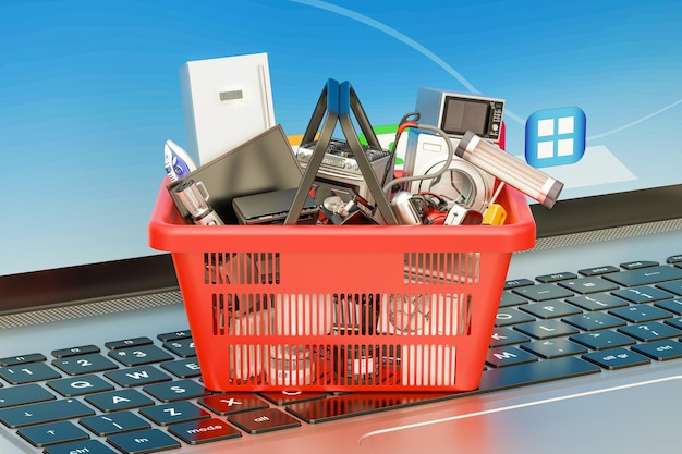 Online Shopping concept with laptop and shopping basket full of home appliances 3D rendering