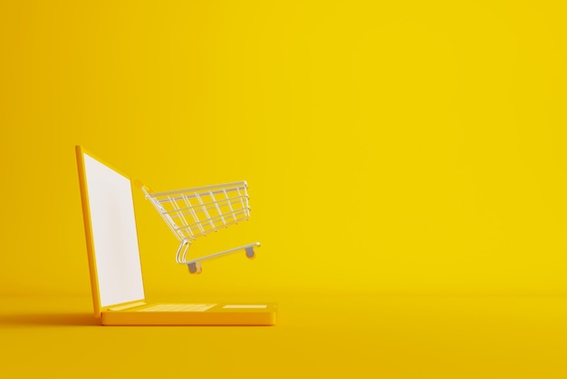 Online shopping and ecommerce concept Web or mobile application ecommerce Computer laptop with shopping cart on yellow background 3d rendering illustration