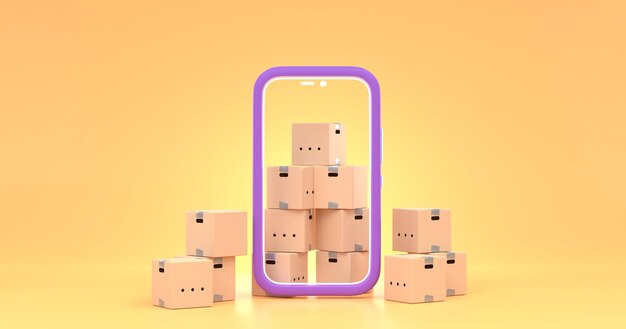 Online shopping in mobile app or parcel delivery Smartphone frame with stacks cardboard boxes on yellow background Ecommerce or fast delivery service concept 3d render illustration