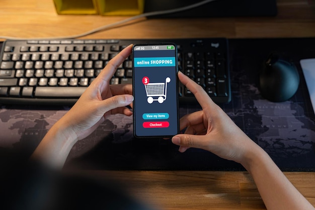 Online shopping online store application in a smartphone 24 hours online shopping on smartphone Digital marketing on online store and e payment technology