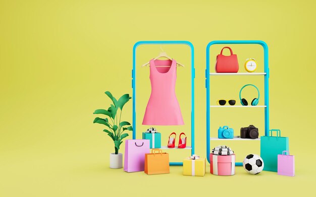 Online shopping on smartphone Online store on the mobile application shopping items are on the shelf on yellow background digital marketing concept 3d rendering