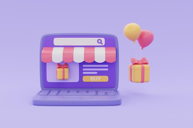 Photo online shopping store on laptop with gift boxes and balloon floating on purple background 3d rendering