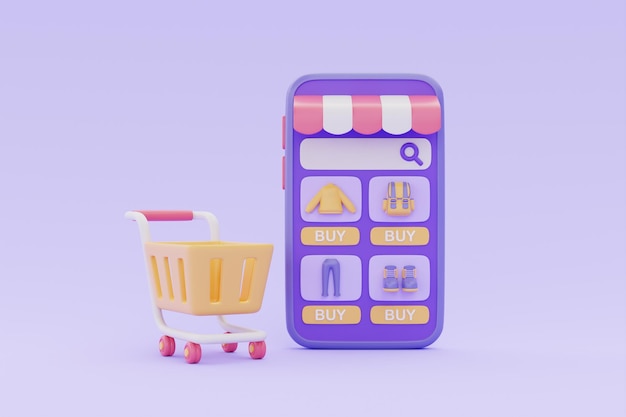 Online shopping store on smartphone with shopping cart on purple background 3d rendering