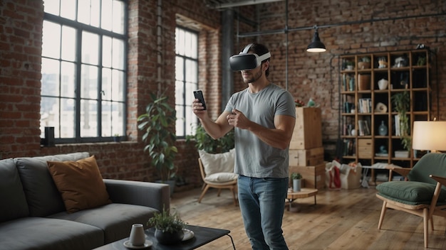 Online shopping in stylish loft young man uses virtual reality glasses online 3D website