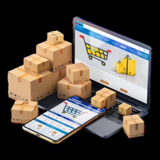 Online shopping with delivery boxes overflowing from laptop