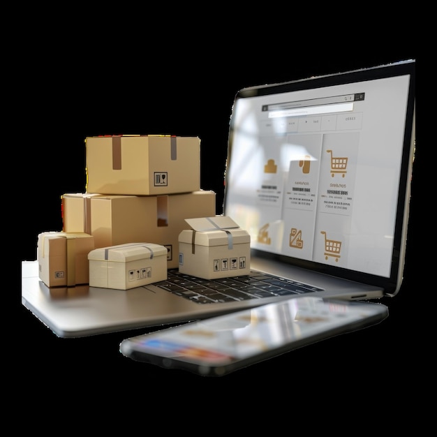 Online shopping with packages and a laptop at home