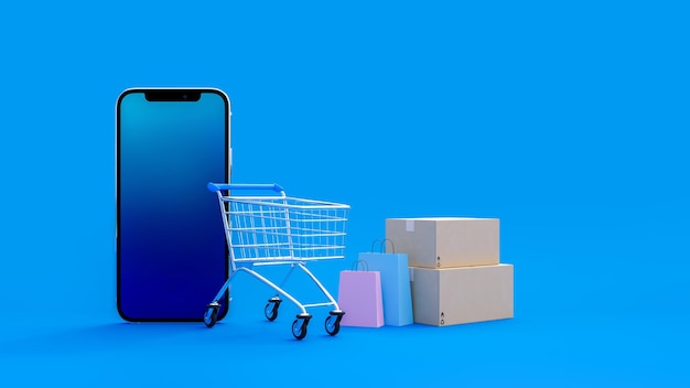 Online shopping with smartphone shopping cart boxes Shop at an online store Discount banner design Online shopping concept Ecommerce 3D render