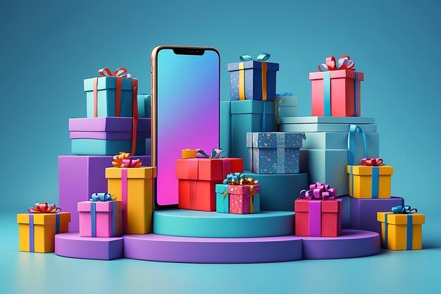 Online store via mobile phone set on podium with floating gift boxes aside 3D web banner